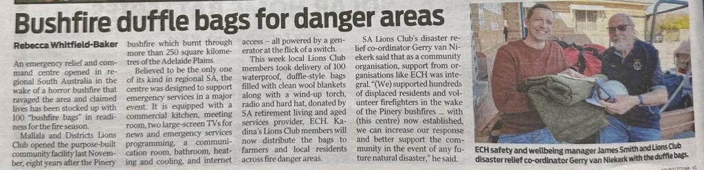 Sunday Mail Article - ECH donations supports bushfire response readiness